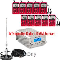 New Wireless 15W PLL FM Transmitter Radio Stereo Broadcast+10xPocket FM Receiver